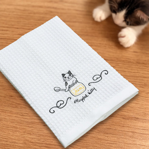 ねこ刺繍ワッフルふきん