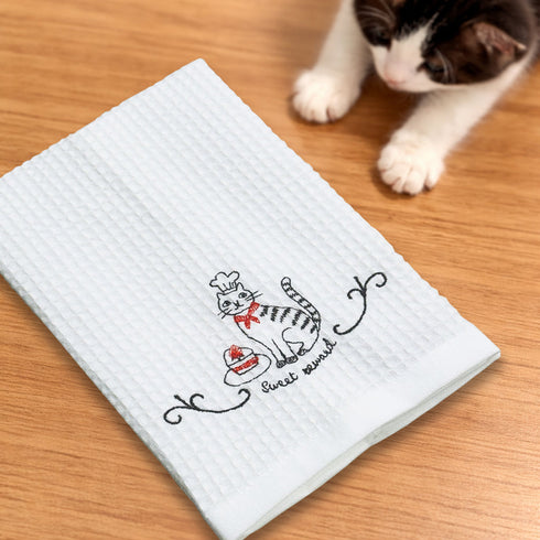 ねこ刺繍ワッフルふきん