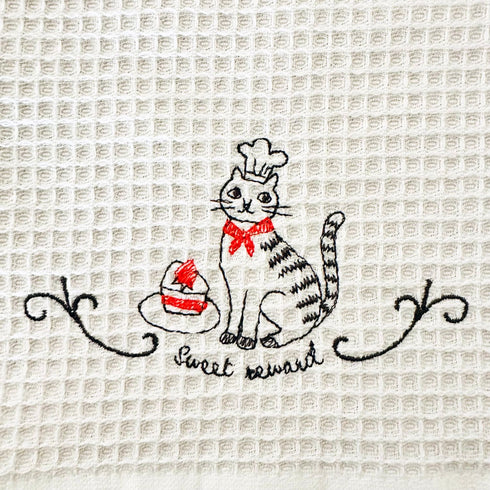 ねこ刺繍ワッフルふきん