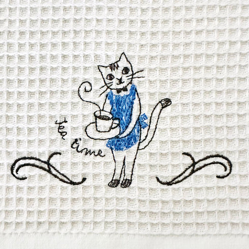 ねこ刺繍ワッフルふきん
